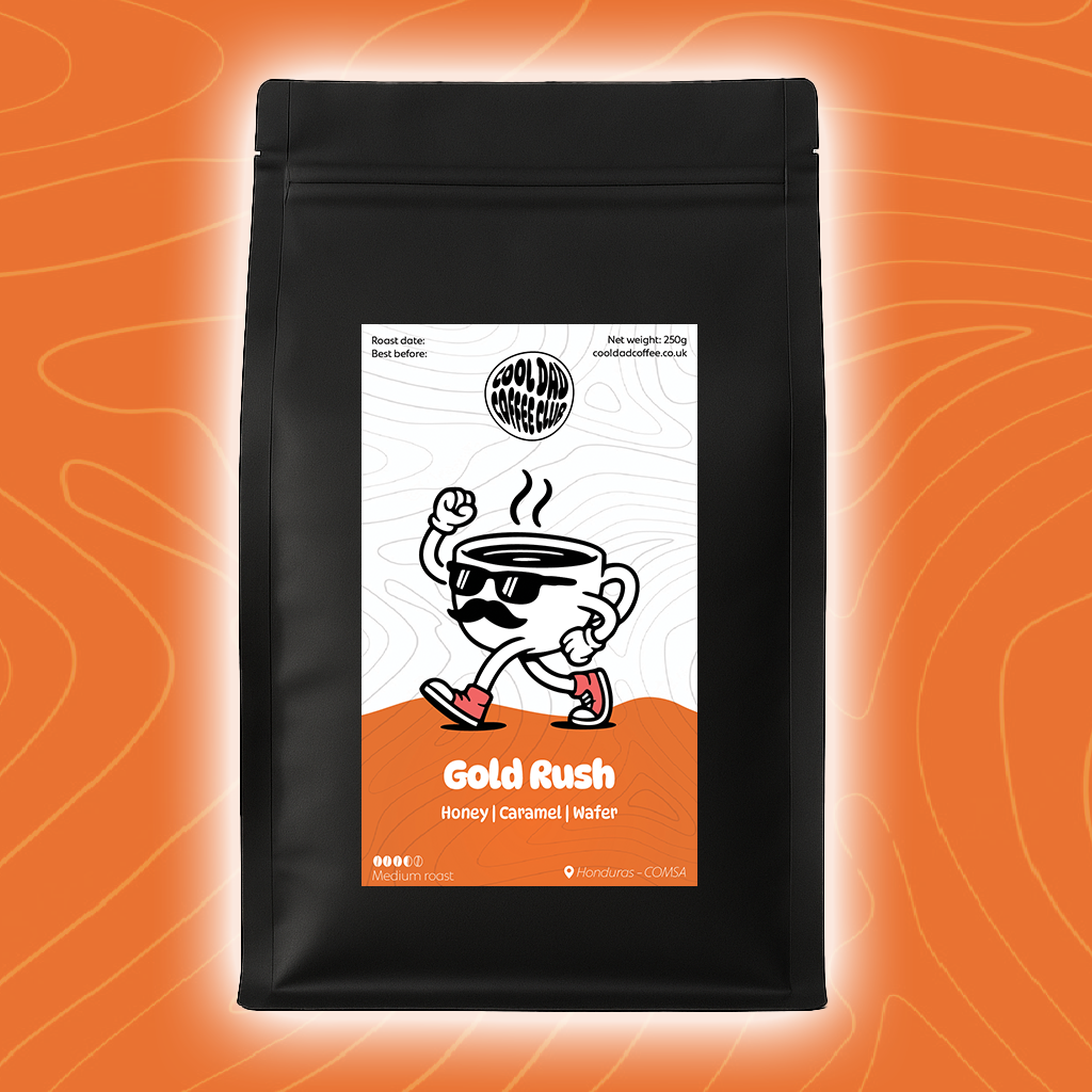 Black coffee bag with a cartoon coffee cup character on an orange background